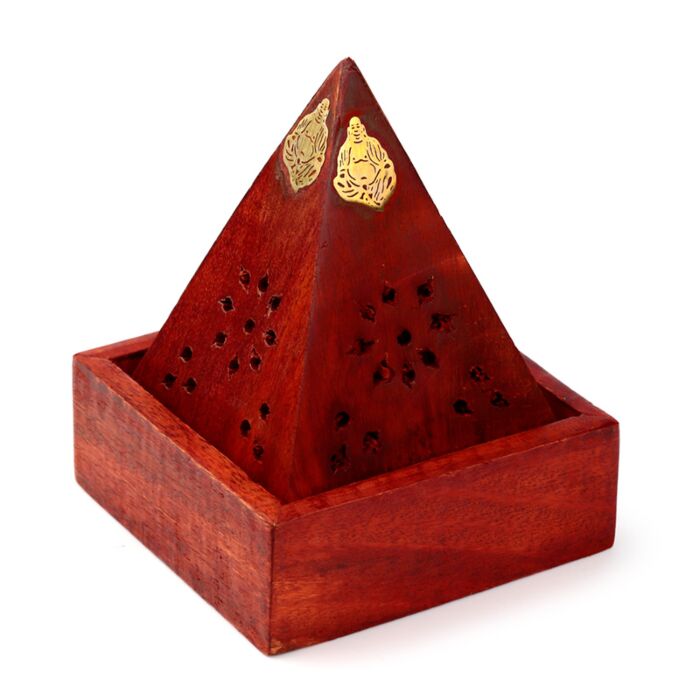 Mango Wood Pyramid Incense Cone Burner Box with Buddha & Fretwork
