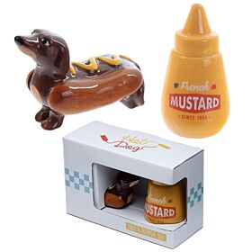 Sausage Dog in a Bun & Mustard Fast Food Ceramic Salt & Pepper Set Sausage Dog in a Bun & Mustard Fast Food Ceramic Salt & Pepper Set