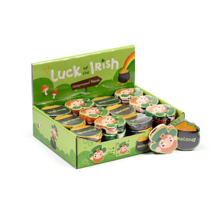 Lucky of the Irish Leprechaun & Shamrock Compressed Travel Towel