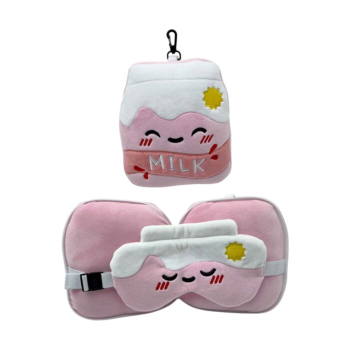 Relaxeazzz Foodiemals Strawberry Milk Carton Plush Travel Pillow & Eye Mask