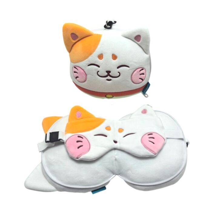 Relaxeazzz Maneki Neko Lucky Cat Plush Travel Pillow & Eye Mask