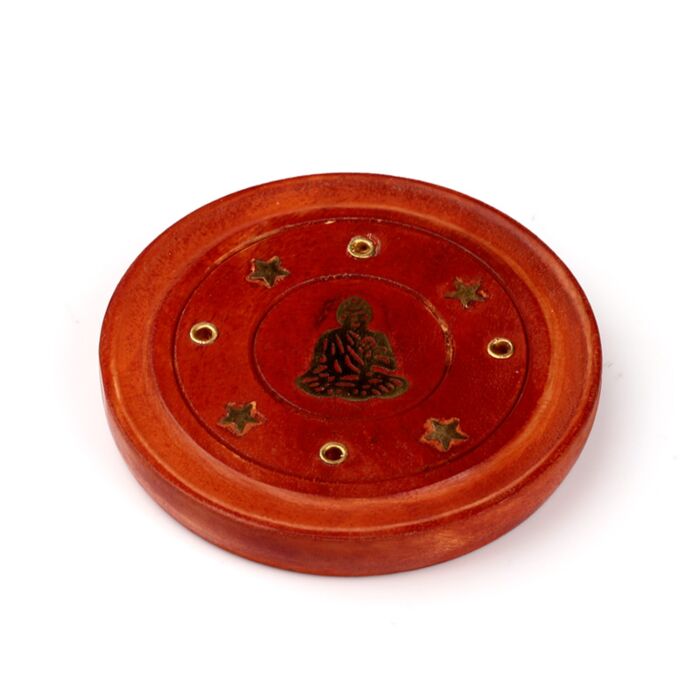 Mango Wood Round Ashcatcher Incence Burner with Buddha Inlay