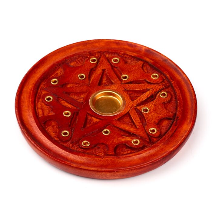 Mango Wood Round Ashcatcher Incense Burner with Carved Star