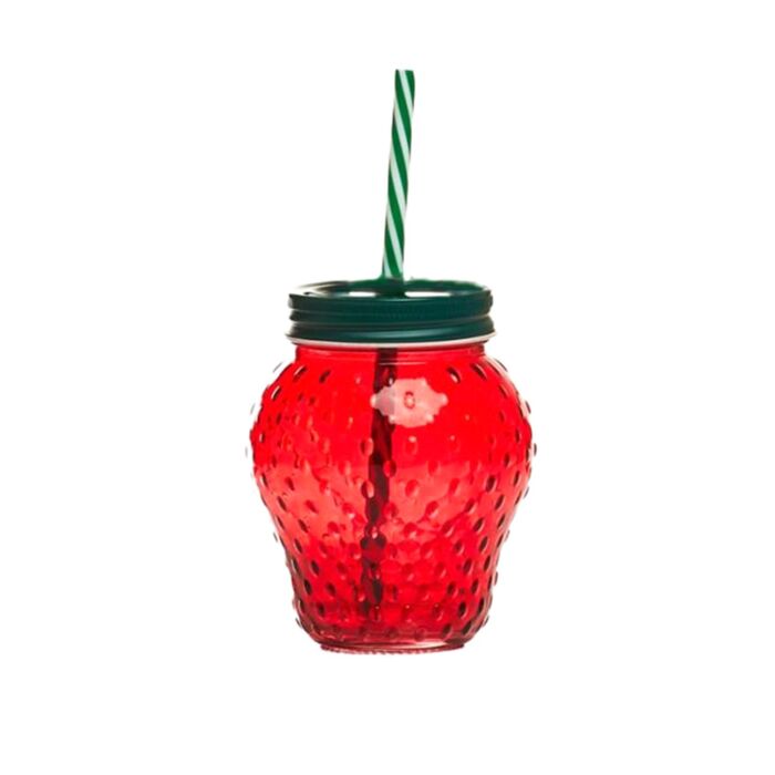 Foodiemals Strawberry Shaped Mason Jar with Straw & Lid