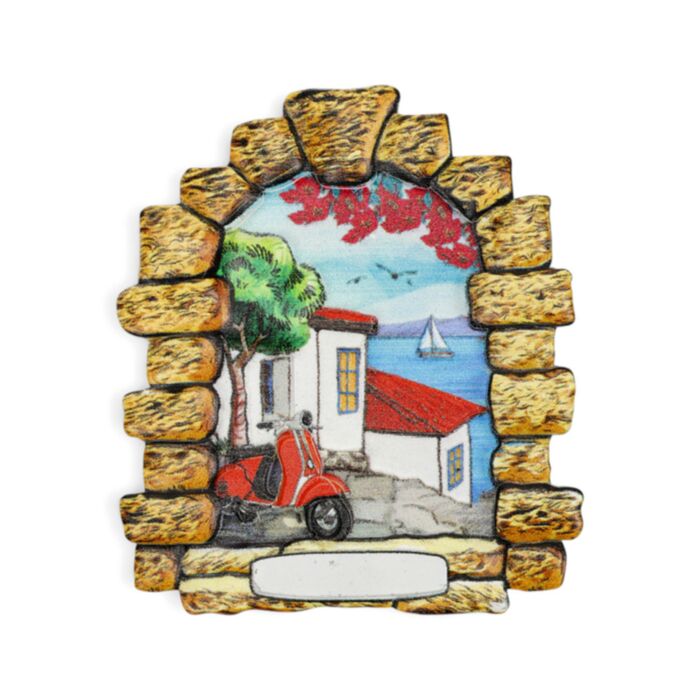 Souvenir Seaside Magnet Stone Window with Scooter