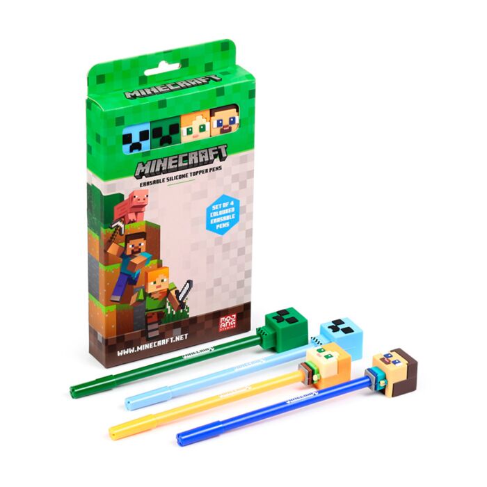 Set of 4 Erasable Pens with Minecraft Chibi Style Silicone Topper