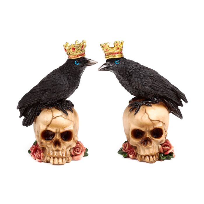Crow wearing Crown Standing on Skull with Roses