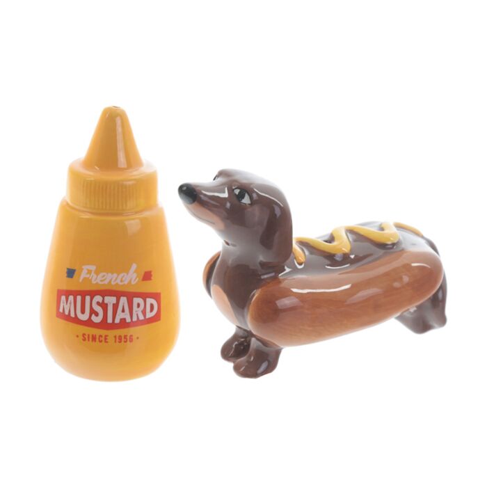 Sausage Dog in a Bun & Mustard Fast Food Ceramic Salt & Pepper Set