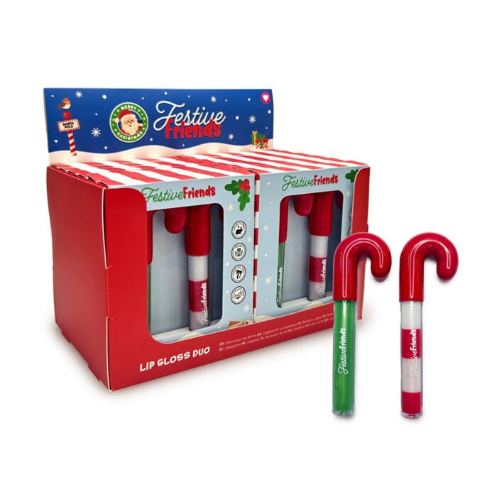 Set of 2 Christmas Festive Friends Candy Cane Shaped Lip Gloss