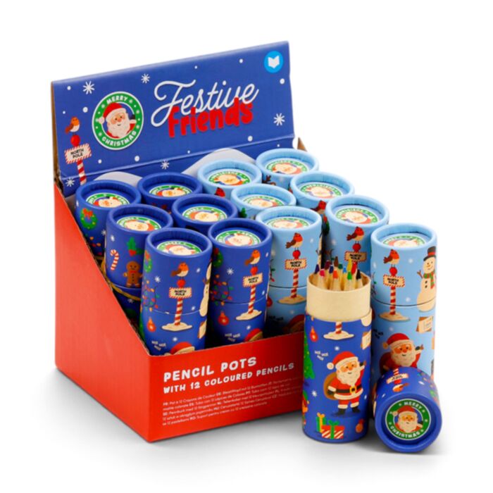 Festive Friends Christmas Pencil Pot with 12 Colouring Pencils