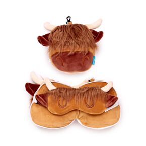 Relaxeazzz Highland Coo Cow Plush Furry Fringe Travel Pillow & Eye Mask