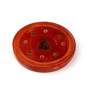 Mango Wood Round Ashcatcher Incence Burner with Buddha Inlay