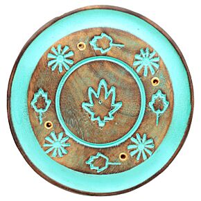 Mango Wood Round Painted Leaf Ashcatcher Incense Burner