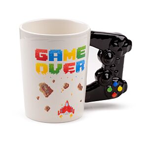 Game Over with Pixel Decal Ceramic Shaped Handle Mug